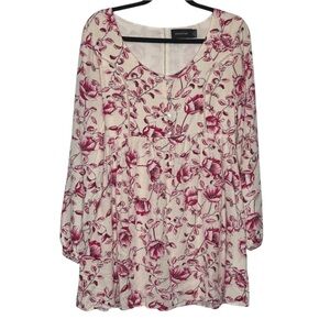 MINKPINK Pink Cream Floral Mini Dress M Cottagecore Feminine Long Sleeved